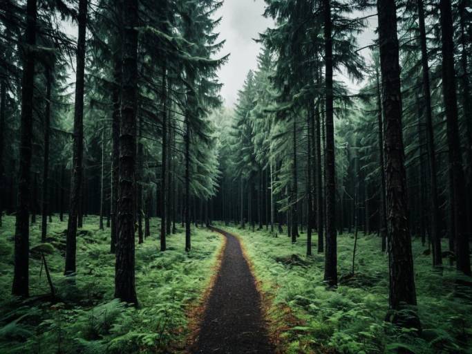 Serene Cloudy Forest Trail Wallpaper