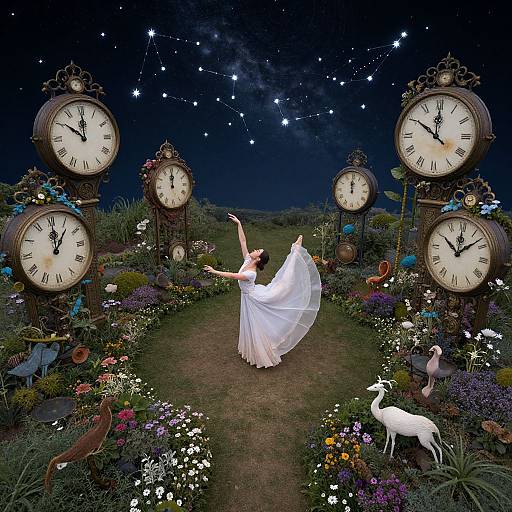 Photograph of a fairytale-like garden at night, featuring a dancing woman in a white dress surrounded by tall clock towers and vibrant flowers under a