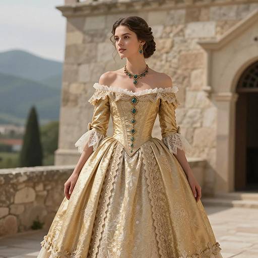 Woman in Elegant Golden Renaissance-Inspired Gown