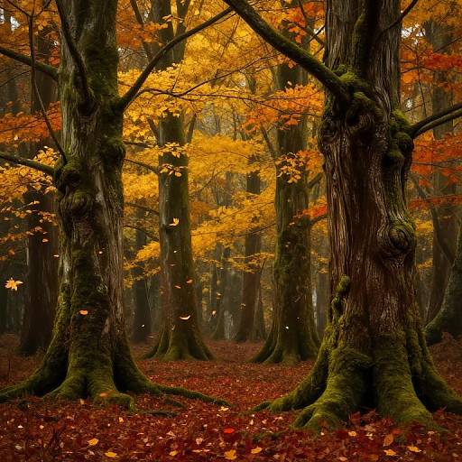 Photograph of a dense autumn forest with tall, moss-covered trees, vibrant orange and yellow leaves, and a red-leaf carpeted ground.