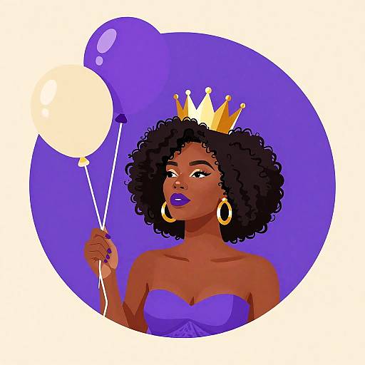Digital illustration of a dark-skinned woman with curly black hair, wearing a golden crown, purple strapless dress, and gold hoop earrings, holding two