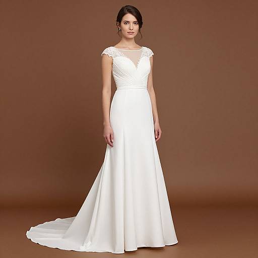 Photograph of a young woman with fair skin and dark hair in an elegant, white, sleeveless wedding gown with lace detailing, standing against a brown