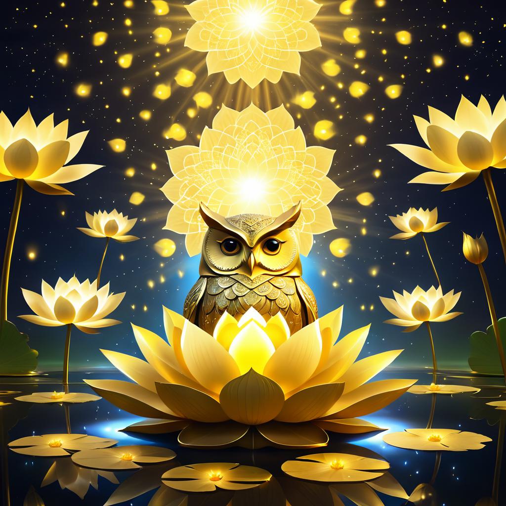 Ethereal Owl on Golden Lotus Flower