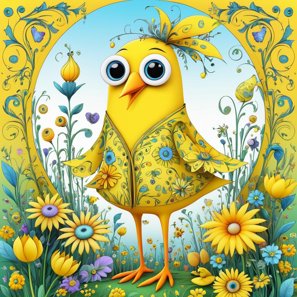 Whimsical Yellow Bird in Frosty Garden