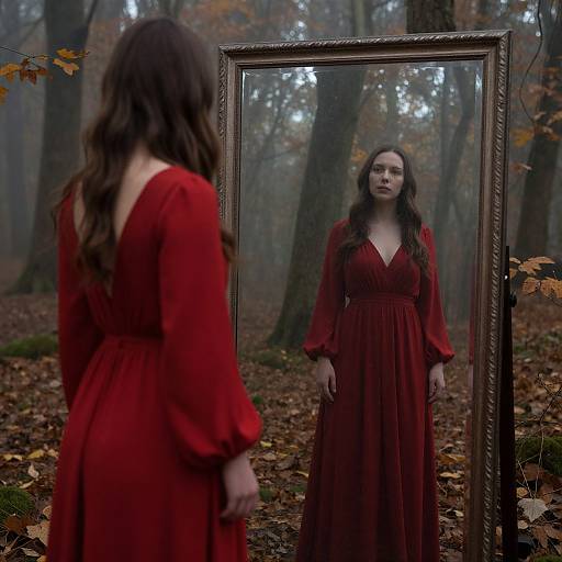 Photograph of a woman with long brown hair wearing a red, long-sleeved dress, standing in a foggy forest, reflected in an orn