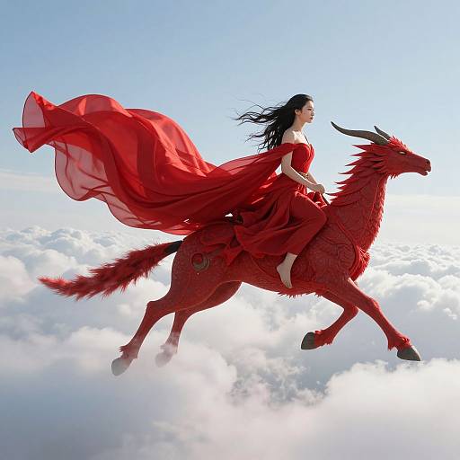 Digital artwork of a black-haired woman in a flowing red dress riding a red dragon through a bright, cloudy sky.