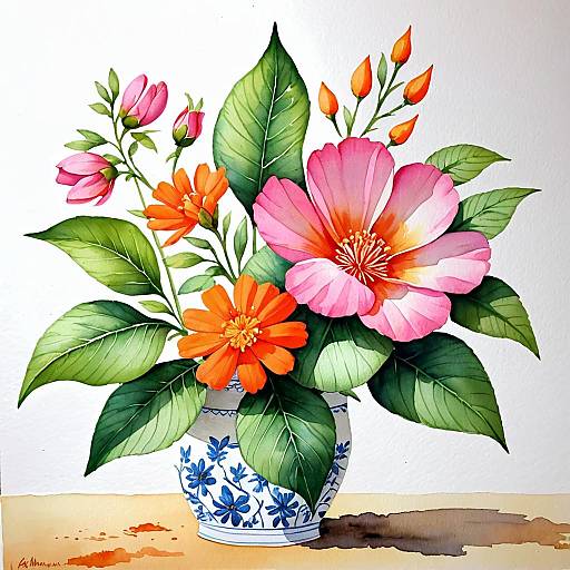 Watercolor Still Life Pink and Orange Flowers