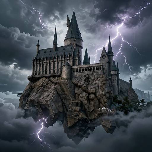 Digital artwork of Hogwarts Castle, surrounded by dark clouds and lightning, perched dramatically on a rocky cliff, with a stormy sky.