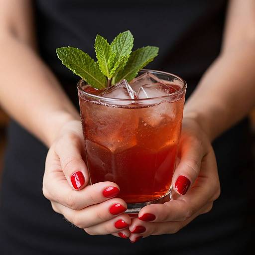 Photograph of a woman's hands with red nail polish holding a glass of iced red drink topped with mint leaves.
