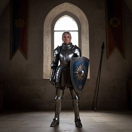 Photograph of a stern, armored knight with a blue shield featuring a sun emblem, standing in a dimly lit medieval stone room with a large ar