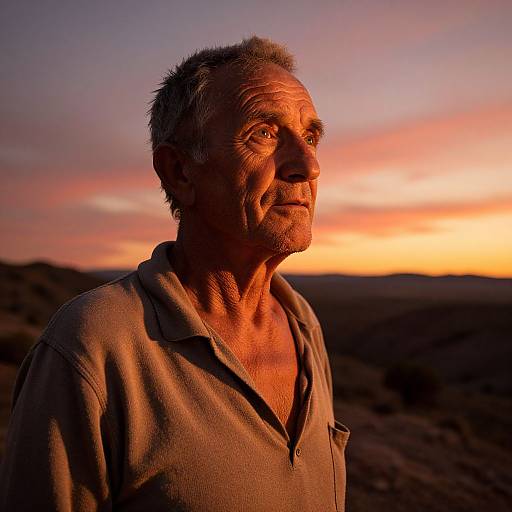 Photograph of an elderly man with weathered skin, gray hair, and a beard, wearing a gray polo shirt, illuminated by a vibrant sunset in