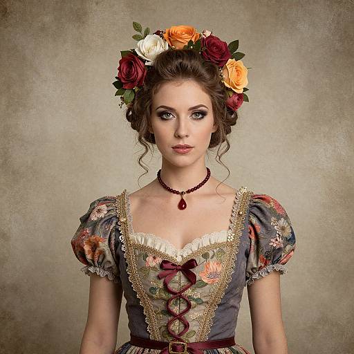 Photograph of a fair-skinned woman with wavy brown hair, wearing a floral crown, medieval-style dress with lace trim, and a red bead