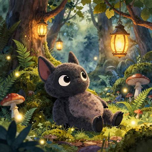 Whimsical digital illustration of a fluffy, dark gray, wide-eyed cat sitting in a magical forest illuminated by glowing lanterns and fireflies, surrounded