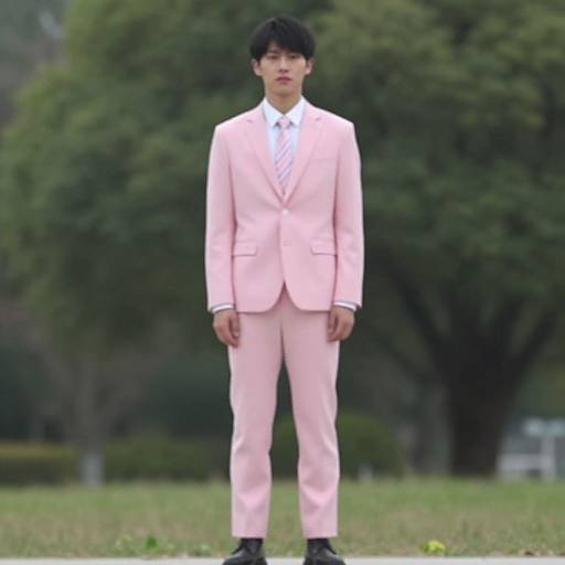 Photograph of a young Asian man standing in a grassy park, wearing a light pink suit, white shirt, black shoes, and black hair.