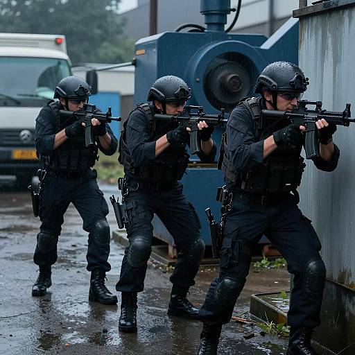 Tactical Team Advancing in Rainy Industrial Area