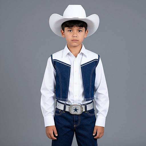 Photograph of young boy with light brown skin, black hair, wearing a white cowboy hat, white shirt, blue denim vest, and dark pants with