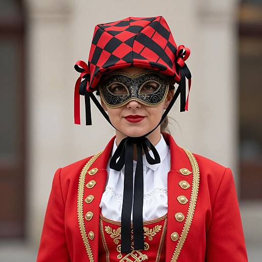 Photograph of a woman in a red and black checkered hat, black lace masquerade mask, red coat with gold buttons, white shirt,