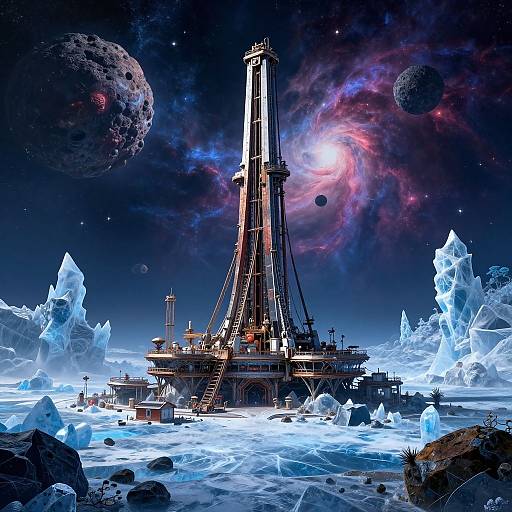 Digital artwork of an oil rig standing on icy terrain under a starry, galaxy-filled sky with two planets and a nebula.