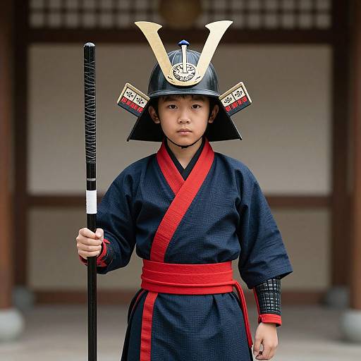 Photograph of a young Asian boy in traditional Japanese samurai attire, wearing a black helmet with white horns, holding a black spear, standing in a