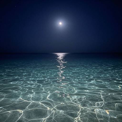 Photograph of a moonlit night ocean, with a bright full moon casting a shimmering silver reflection on the clear, shallow water.