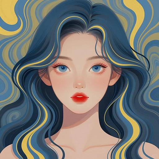 Digital Portrait of Young Woman with Blue Hair Highlights