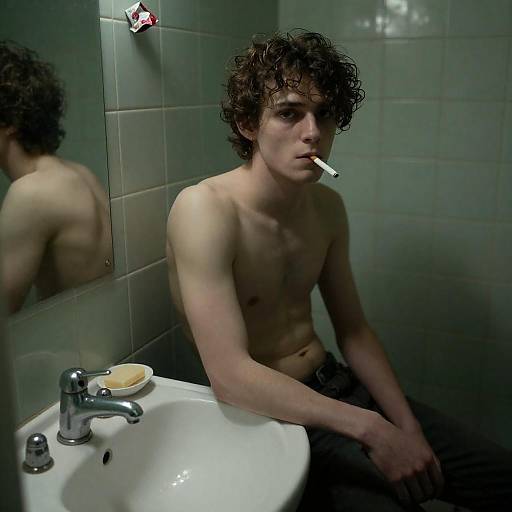 Gritty Bathroom Portrait of Shirtless Man