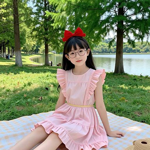 Photograph of an Asian woman with long black hair, glasses, and a red bow, wearing a pink ruffled dress, sitting on a white blanket
