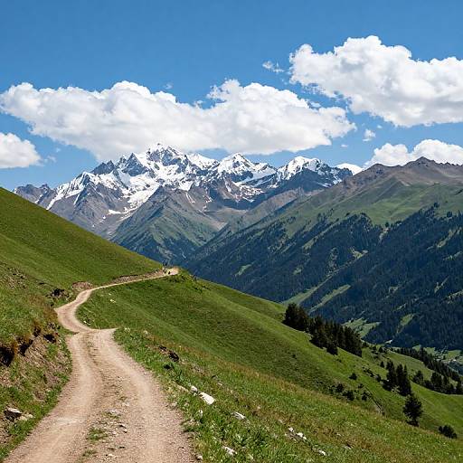 Photograph of a winding dirt path through lush green hills, leading to a range of snow-capped mountains under a bright blue sky with white clouds.