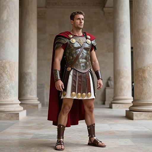Photorealistic image of a muscular man in Roman gladiator armor, standing in a stone-columned hallway, wearing a red cape and sandals.