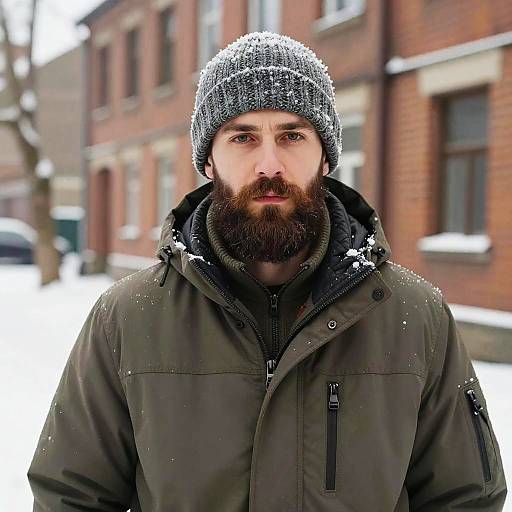 Photograph of bearded man with grey knit hat, dark green jacket, standing in snowy urban street with red-brick buildings in background.