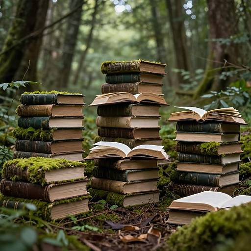 Photograph of tall stacks of moss-covered, old books with open pages, standing in a dense, green forest, creating a magical, enchanted atmosphere.