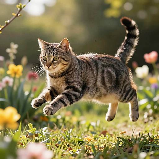Photograph of a lively, gray tabby cat with black stripes mid-leap in a sunlit garden, surrounded by colorful flowers and green grass.