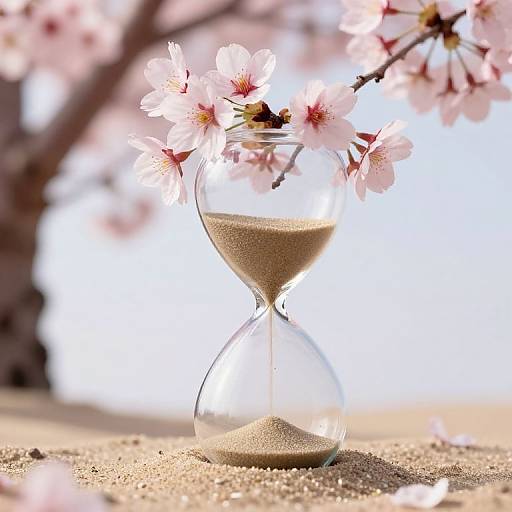 Photograph of a glass hourglass with sand, topped with pink cherry blossoms, on a sandy surface with blurred cherry tree branches in the background.