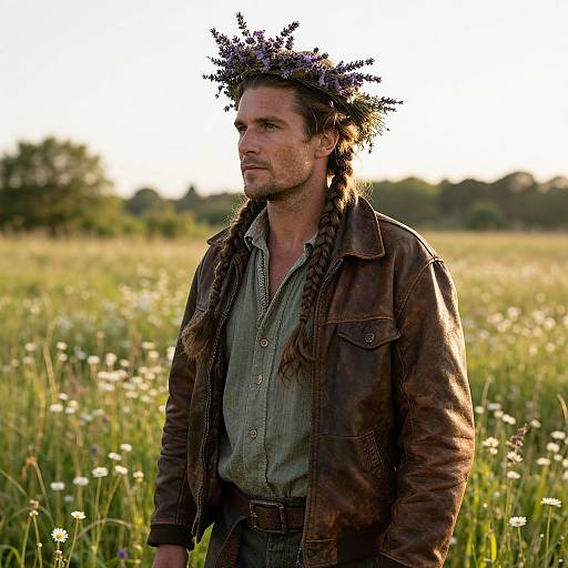 Photograph of a rugged, bearded man with braided hair, wearing a brown leather jacket and green shirt, crowned with wildflowers, standing in