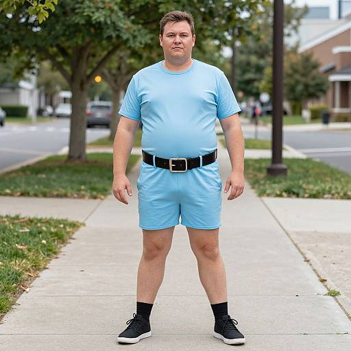 Photograph of a heavyset man in light blue shirt and shorts, black belt, black socks, and sneakers, standing on a suburban sidewalk.