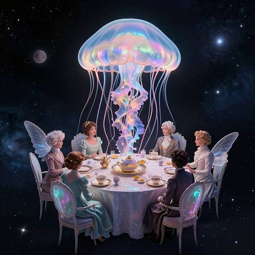 Fantastical space scene: five elegantly dressed, winged individuals sit at a glowing jellyfish-lit table, enjoying tea in a starry