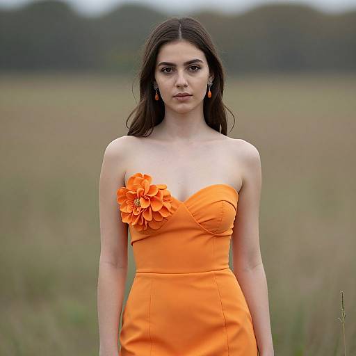 Photograph of a young woman with long brown hair, wearing an orange strapless dress with a large floral brooch, standing in a grassy field