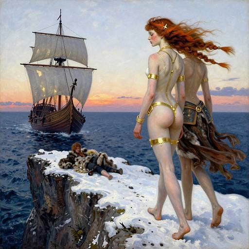 Digital painting of a red-haired, fair-skinned, nude woman with golden armlets and loincloth, standing on a snowy cliff, watching a