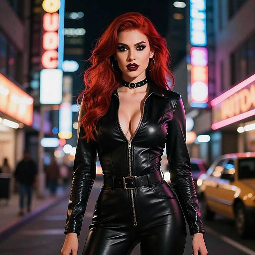 Photograph of a fierce, red-haired woman with dramatic makeup, wearing a black leather zip-up catsuit and choker, standing confidently on a neon