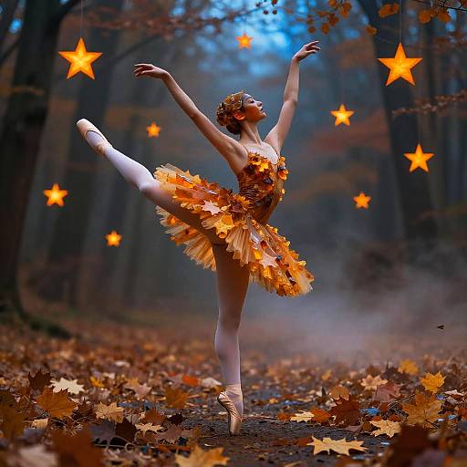 Photograph of a ballet dancer in an orange autumn-themed tutu, performing a high kick in a misty forest with glowing orange stars.