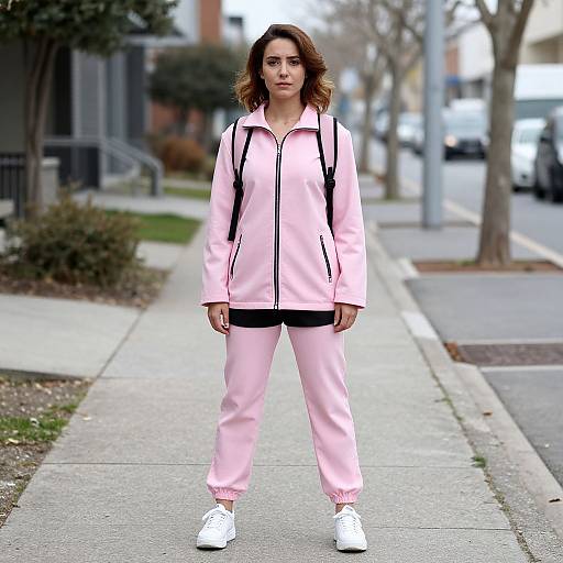 Photograph of a young woman with wavy brown hair, wearing a pink zip-up jacket and matching pants, white sneakers, standing on a city sidewalk