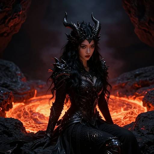 Mystical Black Dragon Girl in Volcanic Cave