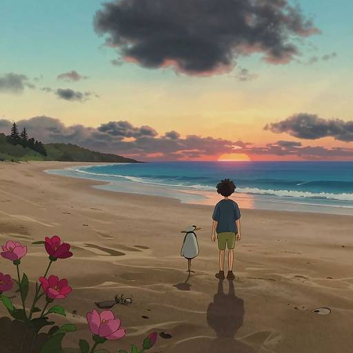 Digital anime-style drawing of a boy with spiky hair and green shorts, standing on a sandy beach at sunset with a bird, pink flowers in the