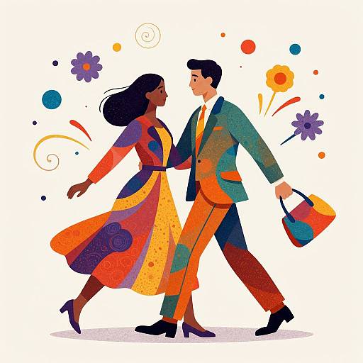 Vibrant illustration of a dancing couple: dark-skinned woman in orange dress, light-skinned man in green suit, holding a briefcase,