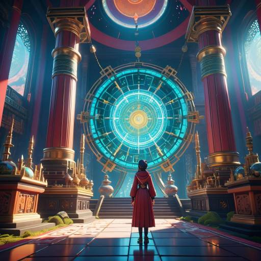 Woman in futuristic temple with glowing astrological clock