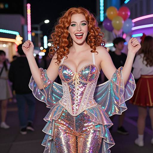 Photograph of a smiling red-haired woman with curly hair, wearing a sparkly, multicolored, strapless corset and ruffled pants,