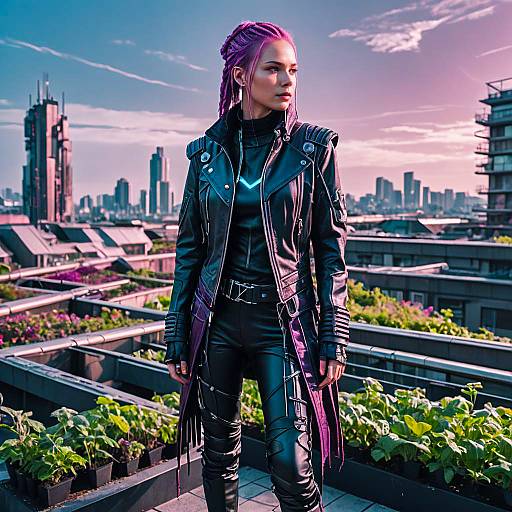 Cyberpunk Woman in Leather Jacket on Rooftop Garden