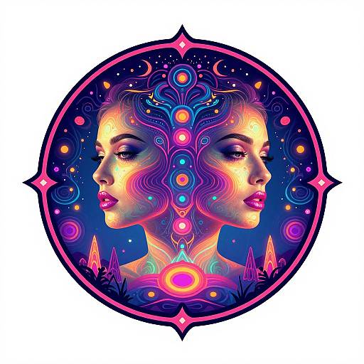 Digital artwork: Vibrant, neon-colored portrait of a woman with two profiles, adorned with cosmic patterns and colorful orbs, set against a starry night