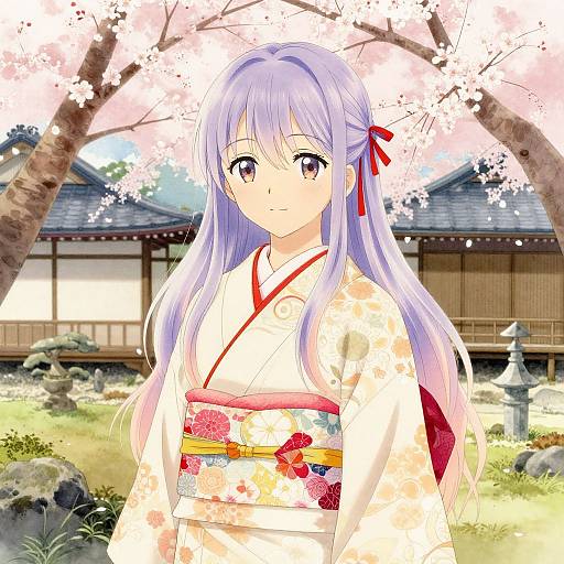 Pastel-Haired Waifu in Cherry Blossom Garden