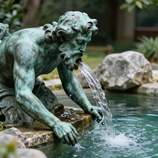 Photograph of a green patinated bronze statue of a bearded man with curly hair, pouring water from his hand into a clear pond surrounded by rocks